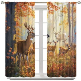 Cortinas de decoración clásico de ciervo rústico para recámara, café de crecimiento antiguo, bosque al atardecer, caza, logia, oso, alce, animales, cortinas de ventana con estampado para niños y
