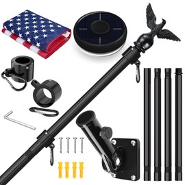 LETSTRY 5FT Black Flag Pole Kit for Outside House with American Flag & Solar Light,1" Thickened Stainless Steel Wall Mount Flagpole with 180°Adjustable Bracket for Residential Outdoor Porch