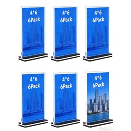 Acrylic Sign Holder 4x6 Inch (6 Pack) - Vertical Clear Flyer Display Stand with Premium Black T-Shaped Base, Tabletop Plastic Paper Menu Holder & QR Code Stand for Restaurant, Office, Retail Store