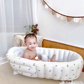 Infant Bathtub, Baby Inflatable Bathtub Large Space Lovely for Travel for Home Living Room(Olive Blossom)