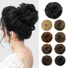 Flufymooz Messy Bun Hair Piece, 100% Real Human Hair Tousled Updo Extension Natural Curly Messy Bun with Elastic Band Hair Bun Hair Piece Ponytail Extensions for Women（Natural Black）
