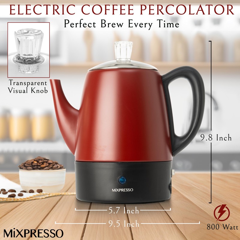 Mixpresso Red Small Percolator Coffee Pot Electric 4 Cup, Stainless