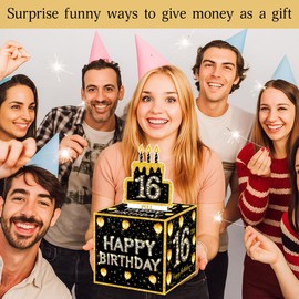 16th Birthday Money Gift Boxes for Cash, Sixteen Years Old Birthday Money Pull Box for Boys Girls