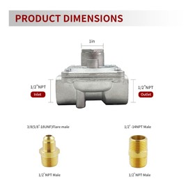 GEIparts 1/2" Gas Pressure Regulator, Natural Gas and Liquefied Interchange Pressure Regulator with 2 Brass 1/2" NPT Conversion Adapter for NG/LPG Applications