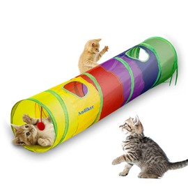 Andiker Cat Tunnel for Indoor Cats, 45" Long Rainbow Collapsible Kitten Tube with a Fun Ball and 2 Holes Cat Play Tunnel, Rabbit Tunnel for Kittens Exercising Hiding Training and Running(Colorful)