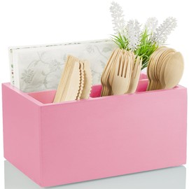 DRASTAR Utensil Holder, Wooden Silverware Caddy, Picnic Cutlery Holder, Silverware Holder Countertop, Plastic Silverware Organizer for Party, Pink