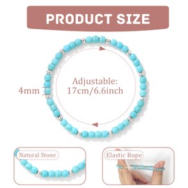 Uwiyo Beaded Bracelets for Women, 4mm Crystal Bracelet with Silver Beads Elastic Natural Stone Bracelet Gemstone Stone Bracelet Yoga Bracelet for Women Girls for Birthday Christmas (Turquoise)