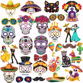 Elevizzle 30pcs Day of The Dead Photo Booth Props,Colorful Sugar Skull Photo Booth Decorations for Día de Los Muertos, Halloween Mexican Fiesta Parties Celebrations