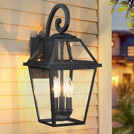 Extra Large Dusk to Dawn Outdoor Wall Light 3-Light, 18" Waterproof Exterior Wall Sconce, E12 Sockets Black Front Porch Lighting Fixture, Modern Wall Mount Lantern for Patio Entryway Garage,1Pack