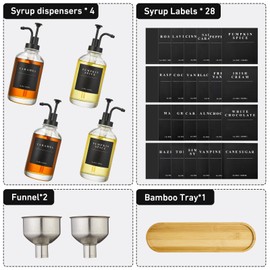 Coffee Syrup Dispenser for Coffee Bar, Coffee Syrup Pump Dispenser, Glass Syrup Bottle with Black Upgraded Pump, 4 Pack 16.9 oz 500 ml Syrup Dispensers, 28 Labels and Large Bamboo Tray