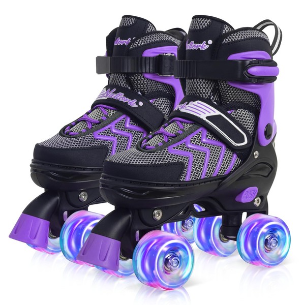 Kids Roller Skates for Girls, Purple Adjustable Rollerskates with Light Up Wheels for Teens Youth Ages 8-12 10 11 12, Beginners Outdoor Sports, Best Birthday Gift for Kids