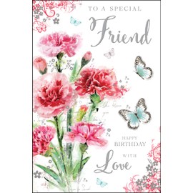 Special Friend Female Birthday Card - Pink Carnation Flowers and Butterflies