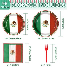 Grencian 96Pcs Mexico Flag Birthday Party Supplies Mexican Flag Party Plates Nappkins Forks for Mexican Birthday Party Mexican Independence Day Decorations, Serves 24