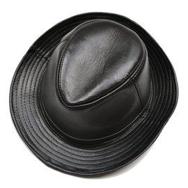 Yosang Men's Genuine Leather Fedora Porkpie Hat (XL(57-58cm/22.47-22.8in)) Black