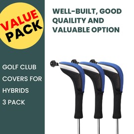 FINGER TEN Golf Club Head Covers Woods Hybrids Long Cover, Headcovers with Interchangeable No. Tags Fit All Hybrids Wood Clubs Light Durable (Blue-3 Pack Hybrid Covers)