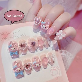 24PCS Cute Kawaii 3D Cartoon False Nails,Medium Pretty Press on Nails,Nude Pink Coffin Fake Nails with 3D Bow Design,Glossy and Full Cover Acrylic Nails for Women or Girls
