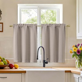 Simplebrand Stone Cafe Curtains Tier 36 Inch Length 2 Panels Set, Half Window Blackout Curtains for Kitchen, Rod Pocket Tier Thermal Insulated Window Treatment Short Curtain, Each 30" Wx36 L