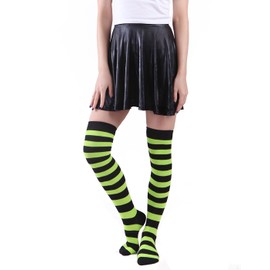Women’s Extra Long Striped Socks Over Knee High Opaque Stockings (Black & Lime Green)