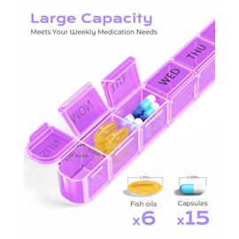 Daviky Weekly Pill Organizer – Large 7 Day Pill Box, Travel Pill Case, Daily Pill Dispenser for Vitamins, Medicines, Supplements, and Fish Oil(Purple)