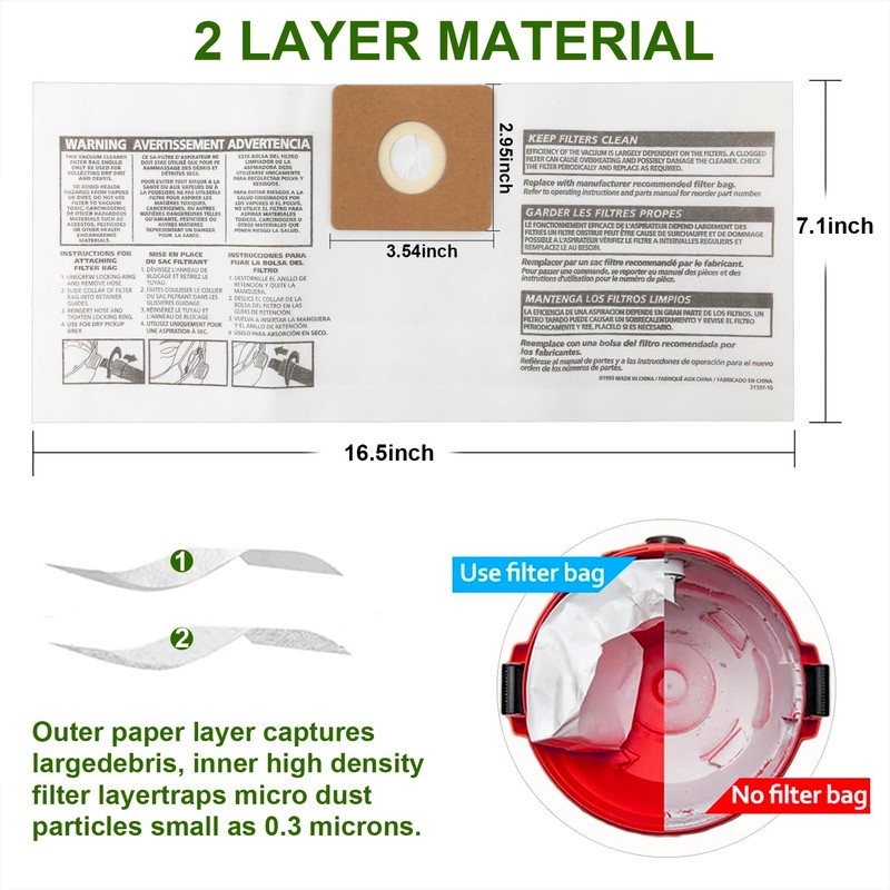 6pcs 90668 Filter Bags Compatible with Shop Vac 2-2.5 Gallon