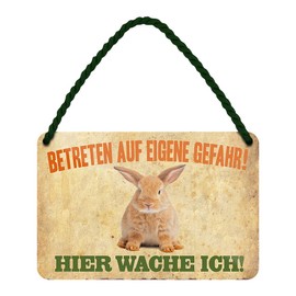 Hier wache ich Kaninchen Tin Sign - Decorative Metal Sign with Cord and Suction Cup - Hanging Sign for Rabbit Hutch - Rabbit House Decoration Accessories - Funny Sign - Warning Sign - 18 x 12 cm