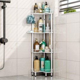 HapiRm Corner Shower Caddy Organizer - 4 Tier Shower Organizer Corner with Soap Holder, Rustproof Shower Shelves with 4 Hooks for Bathroom, White