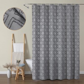OWENIE Extra Long 96 Inch Grey Shower Curtains, Boho Fabric Shower Curtain Grommet Top With 12 Hooks, Elegant Modern Jacquard Geometric Design Textured Shower Curtain for Bathroom, Grey, 72"W x 96"L