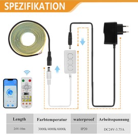 Yamlten 24 V COB LED Strip 4000 K Middium White, Dimmable LED Strip with RF Remote Control / Smart App Control, 320 LEDs/M for Kitchen, Bathroom, Bedroom, DIY LED Strip 10 m