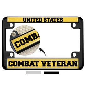 Motorcycle Metal License Plate Frame with U.S. Combat Veteran Design - Black