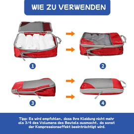 5-teilig Kompressions Packwürfel Set für Reisen, Compression Packing Cube zur Organisation Ihres Reisegepäcks, Ultraleichte, Aufbewahrungstasche, Koffer-Organizer, für Rucksack & Koffer (Rot)