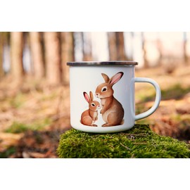 MAXIKIWI Langlebige Emaille-Kaffee- oder Tee-Camping-Tasse für drinnen und draußen, Motiv: Mama, Baby, Tiere, Aquarell, 350 ml