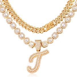 2pcs Cuban Link Silver Initial Necklace for Women - Hip Hop Iced Out Chain with Bling Diamond, 14mm Cuban Chain Letter Name (T, Gold)