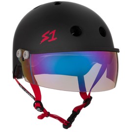 S1 Lifer Visor Helmet Gen 2 for Skateboarding, BMX, and Roller Skating - EPS Fusion Foam, CPSC & ASTM Certified - Black Matte w/Red Straps and Iridium Visor Large (22")
