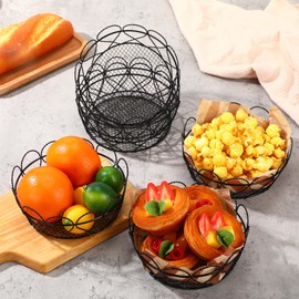 Reallnaive 6 Pcs Wire Bread Basket 6.3 x 6.3 x 2.4 Inch Round Metal Fruit Basket for Kitchen Counter Serving Vegetables Snacks Bread Fruits Bowl for Tabletop Fast Food(Black)