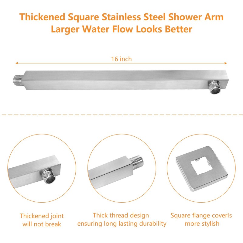 HarJue Shower Head with Extension Arm, High Pressure Square with