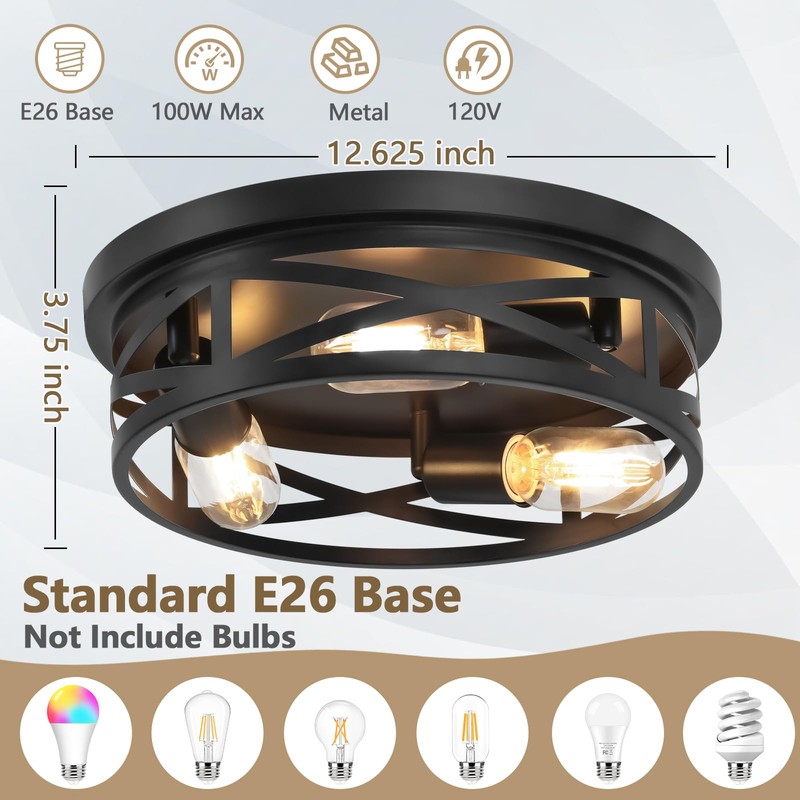 13-Inch Farmhouse Ceiling Light Fixtures 2-Pack, 3-Light Black Flush Mount