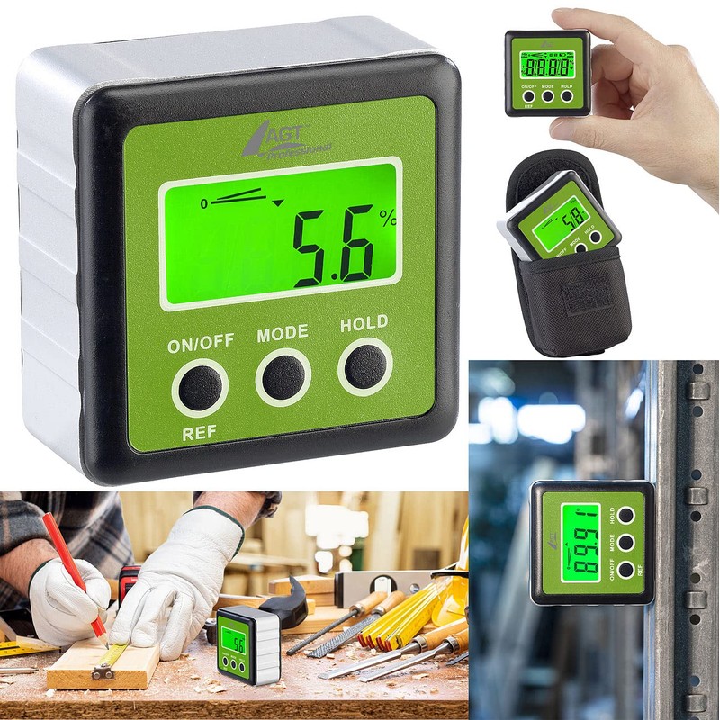 AGT Professional Inclinometer: Digital Protractor, Illuminated LCD Display, Aluminium, IP54,