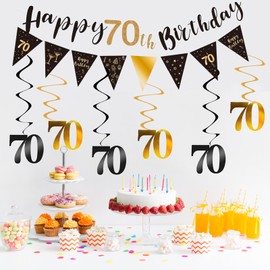 70th Happy Birthday Banner, Black and Gold Birthday Decoration for Women Men, 70th Birthday Party Decor with Birthday Bunting Flag, Triangle Flag, Hanging Swirls for 70th Birthday Party Decoration