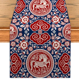 Chinese New Year Table Runner Lunar New Year of The Horse 2026 Fu Kitchen Dining Table Centerpiece Blue Red Spring Festival Decor Chinese New Years Decorations for Home-72 Inches Long
