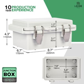Waterproof Outdoor Junction Box, LA VANE IP67 ABS Plastic Dustproof Electrical Enclosure with Hinged Cover with 4X NPT Cable Glands, Mounting Plate, Wall Brackets - 8.5x7x4.4 inch