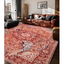 chakme Tiger Red Washable Area Rugs 6’x9’, Soft Bedroom Rug for Living Room Ultra-Thin Non Slip Dining Room Rug, for Nursery, Classroom, Playroom, Bedroom (Red, 6x9FT)