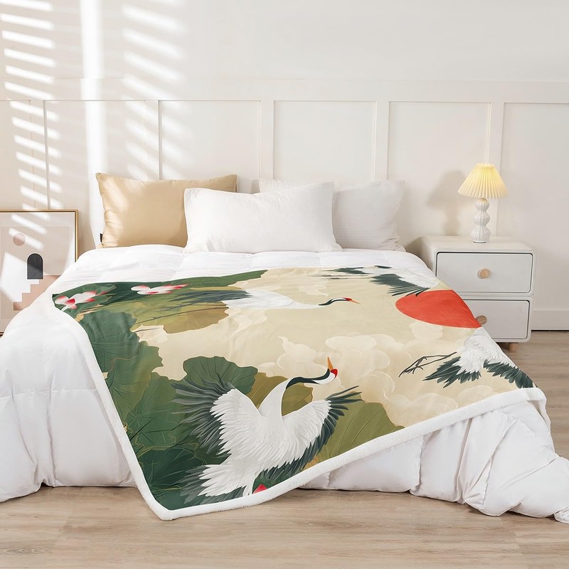 Crane Print Plush Throw Blanket Lotus Floral Print Sherpa Blanket