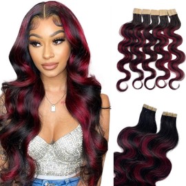 Ombre Body Wave Tape in Hair Extensions Ombre Black Roots Black to Wine Red Human Hair Tape in Extensions Balayage Real Hair Extensions Tape in Burgundy Wavy Tape in Human Hair for Women 20pcs 50g