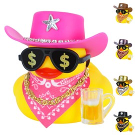 Car Rubber Duck with Pink Cow-boy Hat Sunglasses Accessories for Jeep Ducking Car Dashboard Decoration Party Favors,Cool Duck with Beer Glasses,Paisley Bandanas,Necklace