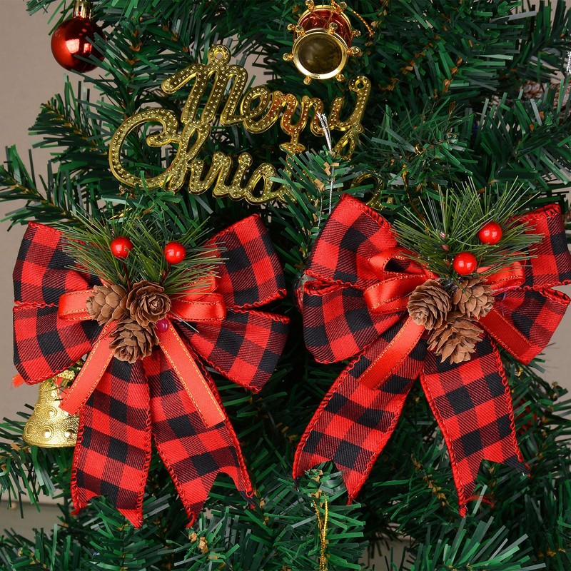 GEBETTER 6 pcs Christmas Red Plaid Rows Large Red Bows