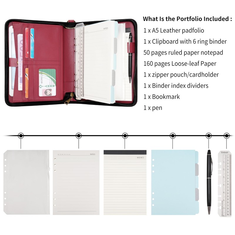 WASON Portfolio A5 Binder Journal with Zipper - Leather pu