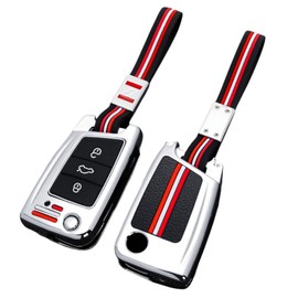 Happyit Zinc Alloy Car Key Cover Key Fob Cases Compatible with VW Volkswagen Golf 7 MK7 Tiguan MK2 For SEAT Ateca Leon FR 2 Ibiza Skoda Octavia 3 Buttons (Silver+Rope)
