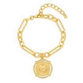 CLASSYZINT Gold Link Heart Charm Bracelets for Women, Dainty Adjustable Paperclip Copper Wrist Chain Bracelet, Medium, Copper, no gemstone