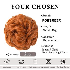 PORSMEER 2 Stücke Haarteil mit Gummiband Groß Dutt Haarteil Orange,Gelockt Haargummi mit Haaren Hochsteckfrisuren Haarverlängerung Messy Bun Scrunchies Haarteile für Damen Pferdeschwanz