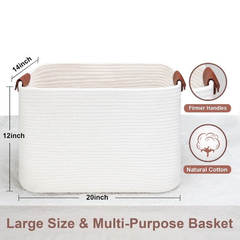 Large Cotton Rope Storage Basket with Leather Handles, Laundry Hamper